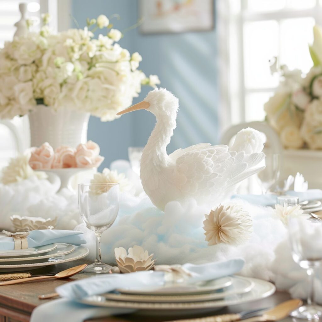 Table set with plates, flowers, and a stork centerpiece.