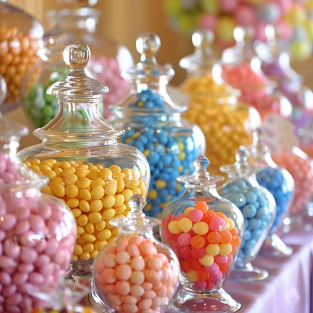 Table filled with glass jars with candy.