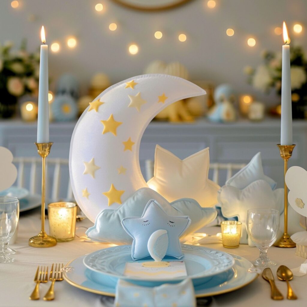 White moon with stars in the center of a table set with plates and candles.