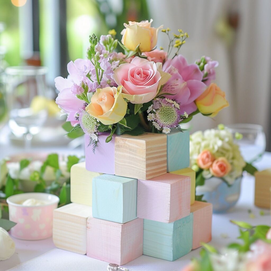 Table centerpiece made with pastel color blocks and flowers. 