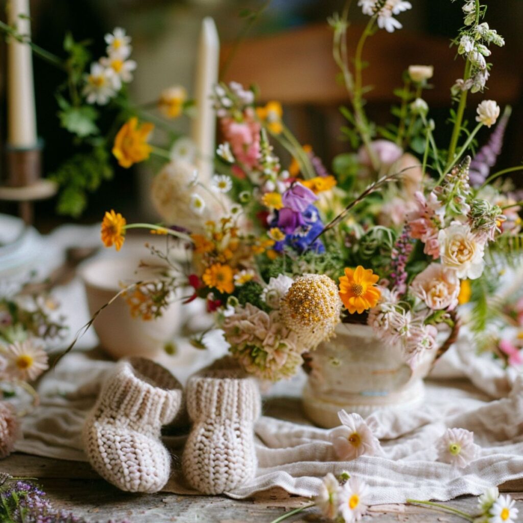 Table set with wild flowers and knitted baby booties.