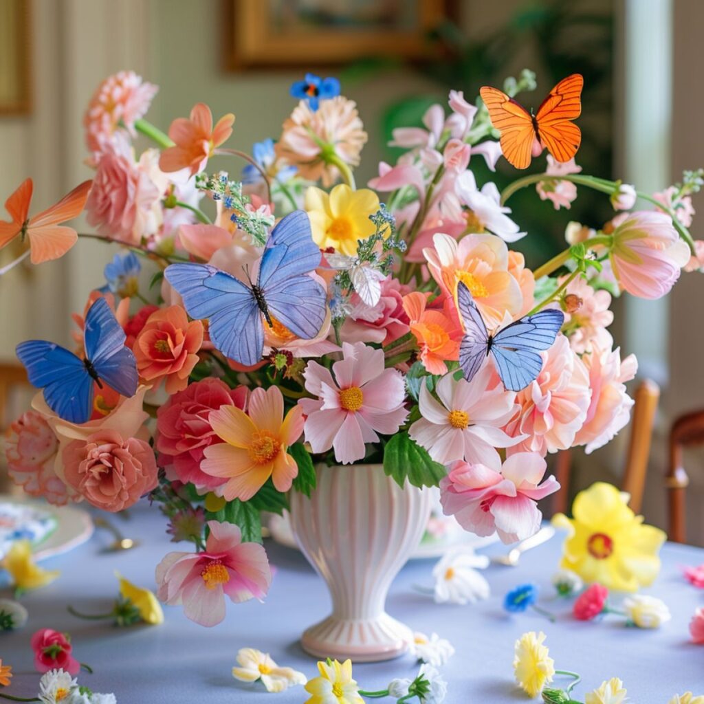 Vase on a table filled with flowers and silk butterflies. 