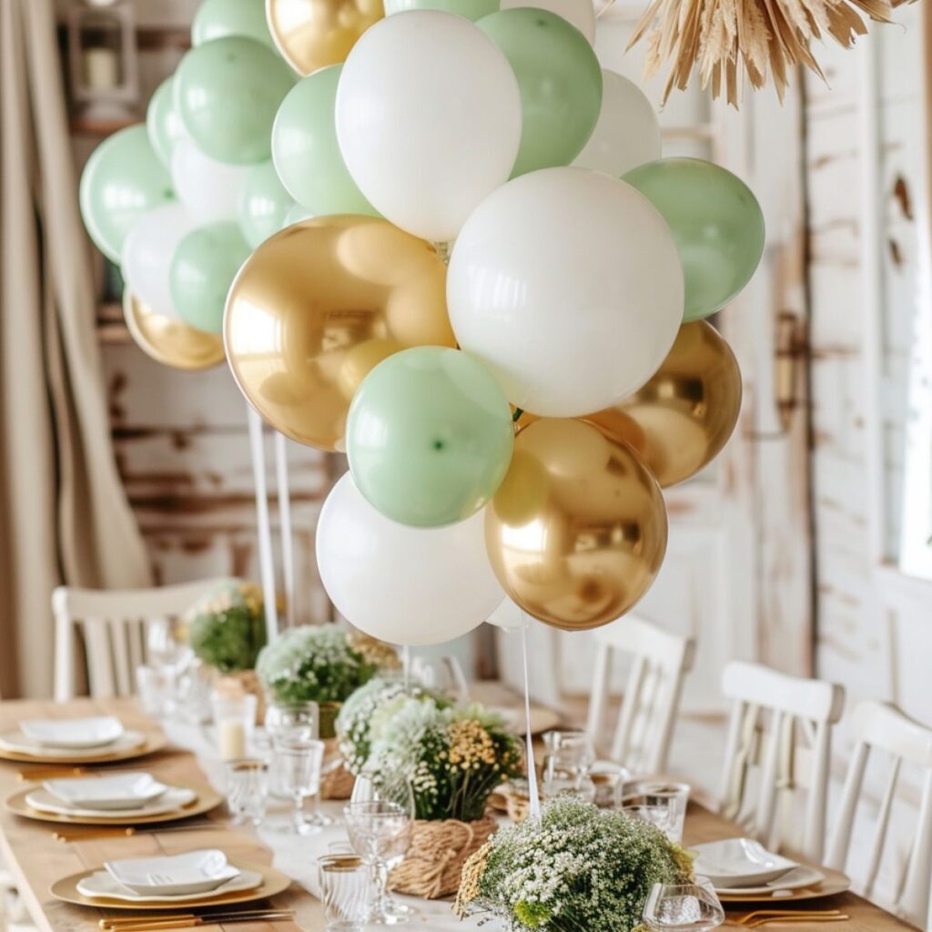 A table with green, white, and gold balloons. 