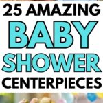 Baby shower centerpieces including a safari, teddy bear, and duck theme.