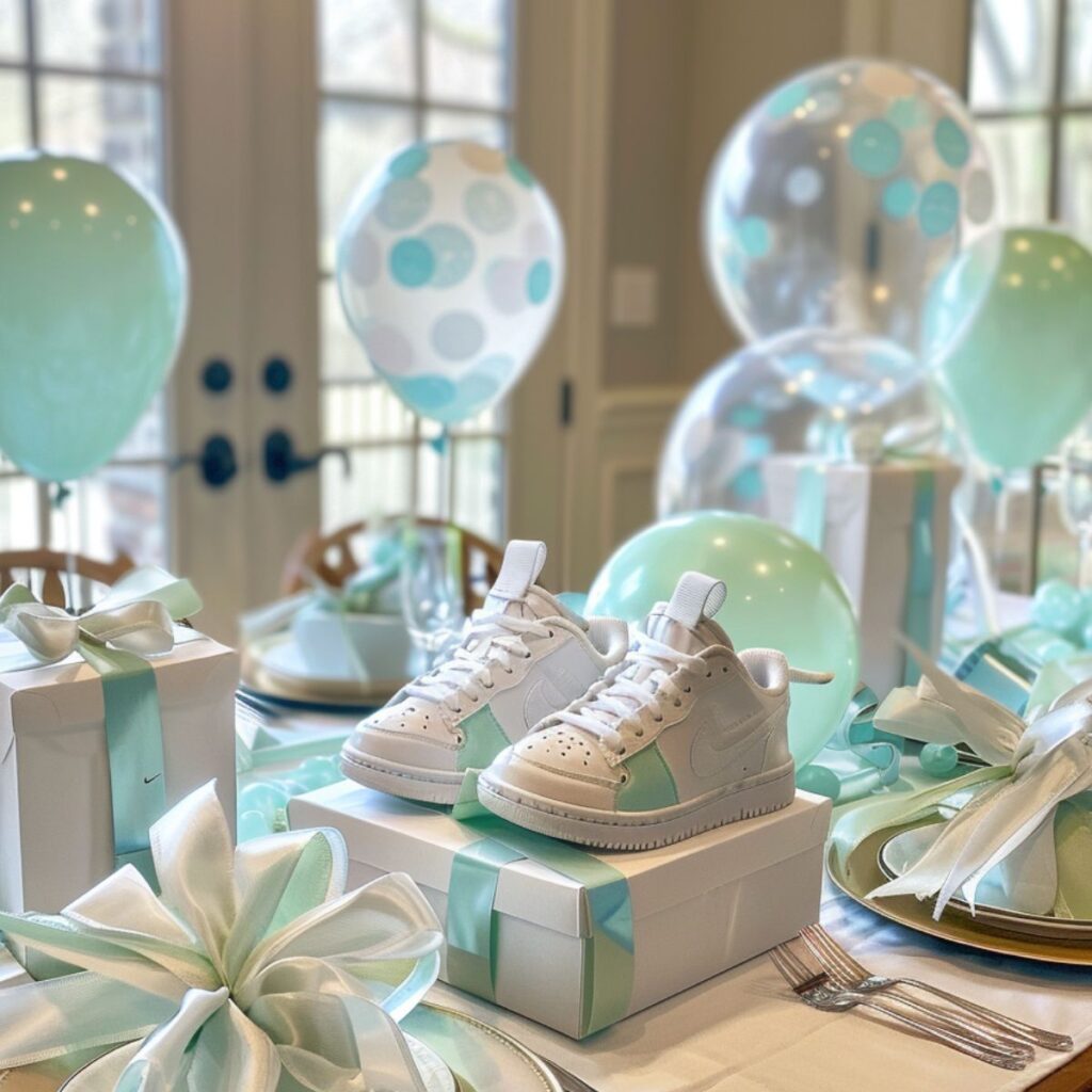 Baby nike shoes on a table with balloons. 