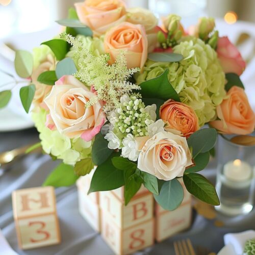 Baby blocks surrounding a bouquet of flowers.
