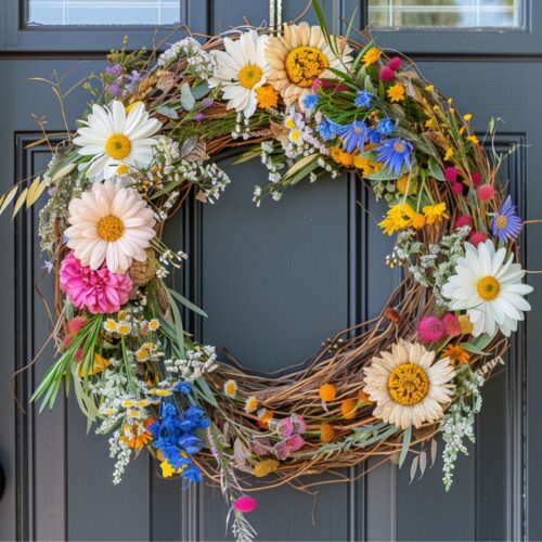 Wreath with colorful flowers.