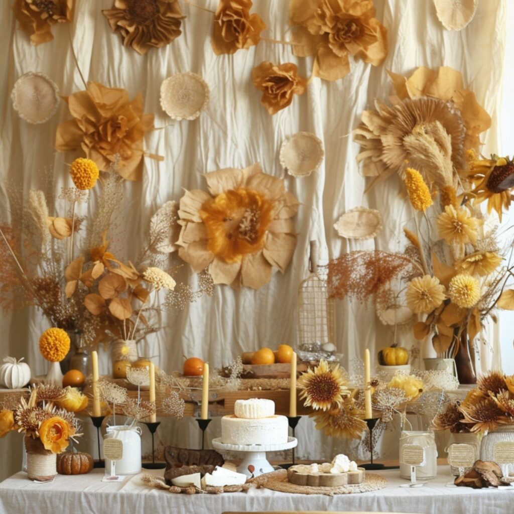 Party table with paper flowers, a cake, and natural elements. 