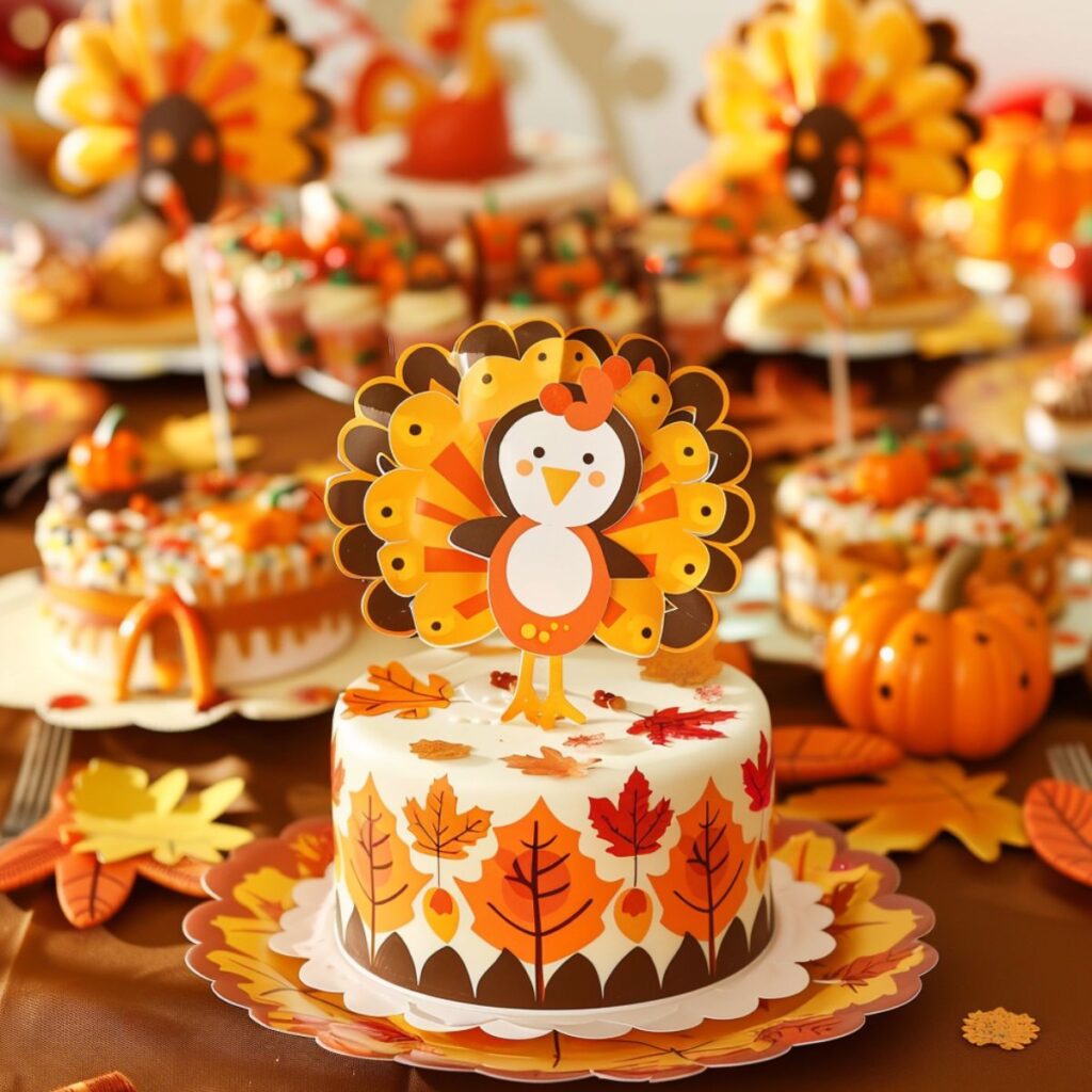 Cute cake decorated with leaves and topped with a turkey. 