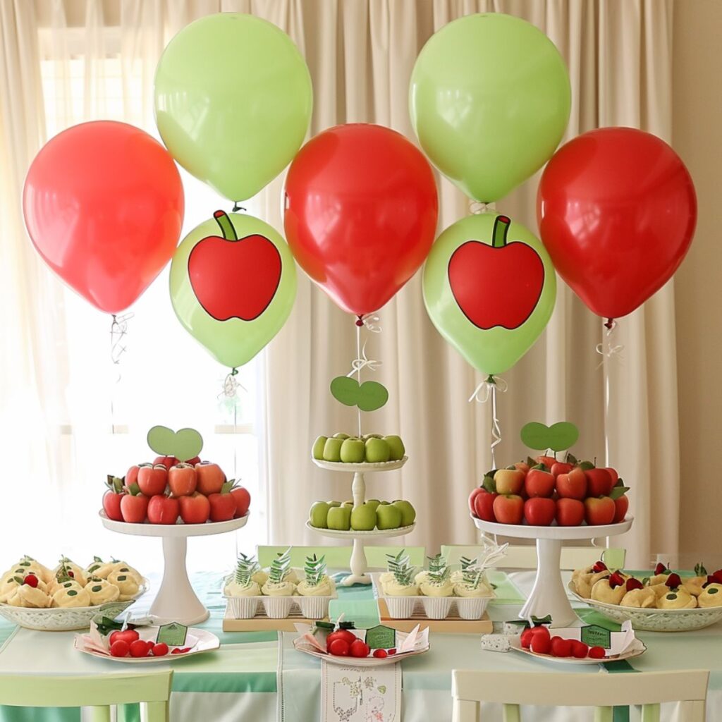 Party table set up with apple decorations, red, and green balloons. 