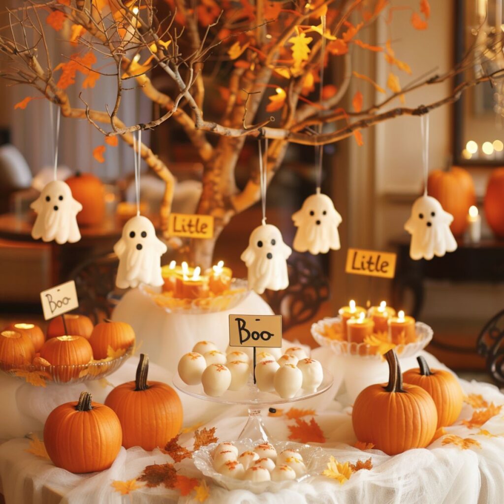 Little ghosts hanging from a decorative tree on a table. Pumpkins and orange candles. 
