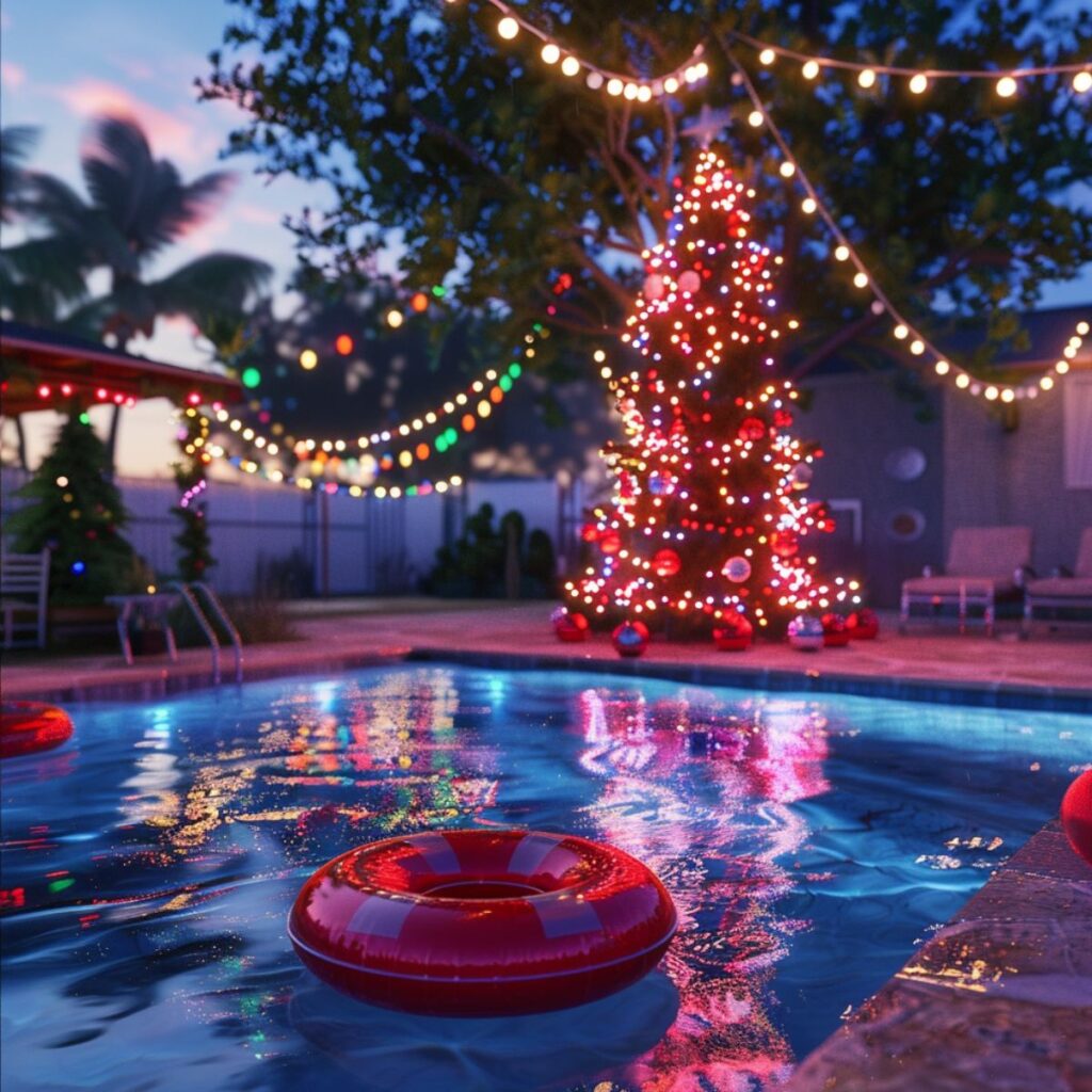 A Christmas tree by a pool with a red float. 