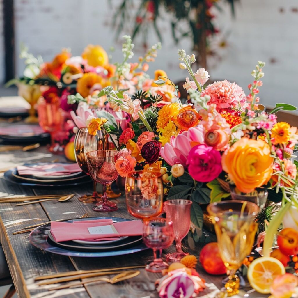 Table with pink and orange flowers and plates. 