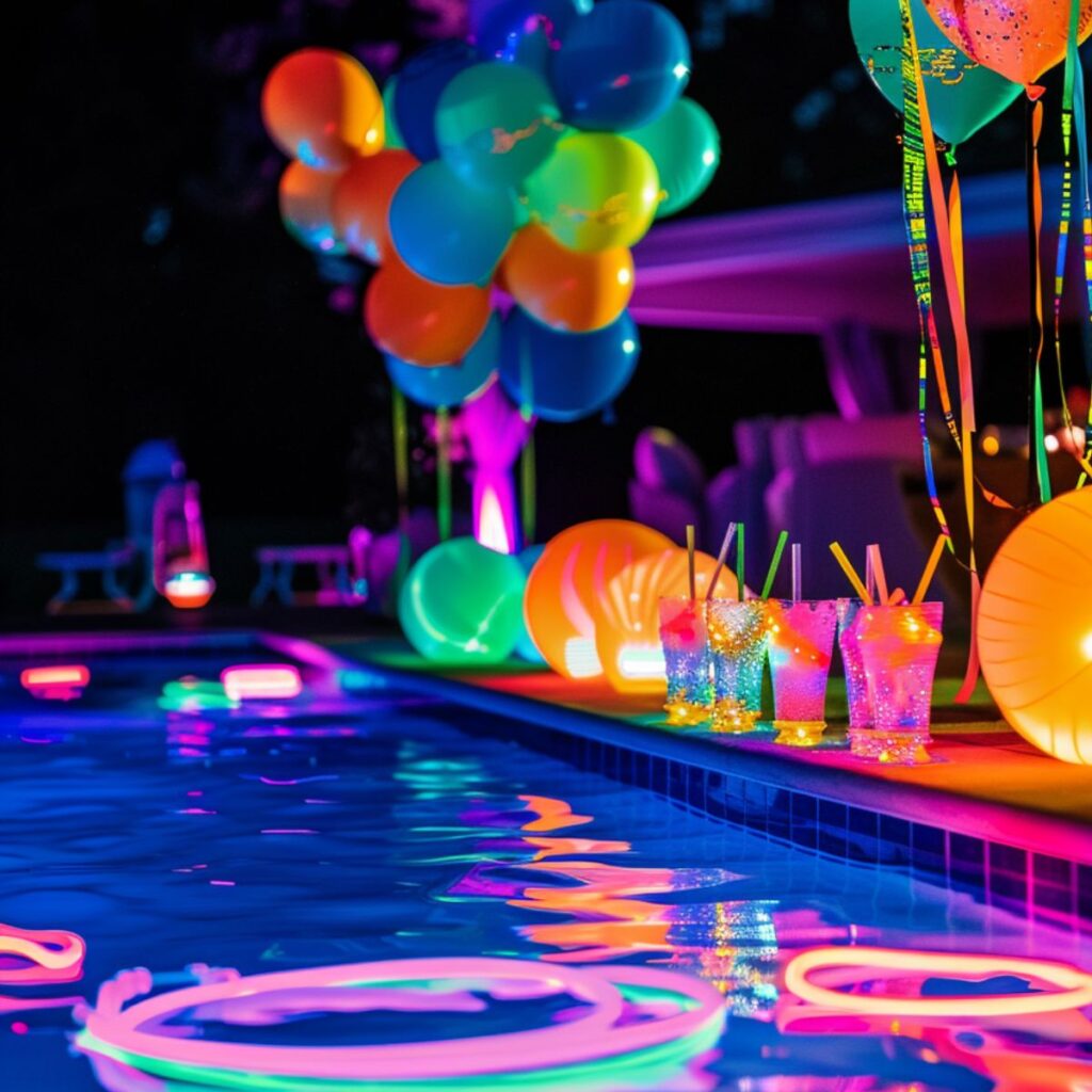 Night time pool party with neon decorations and balloons. 