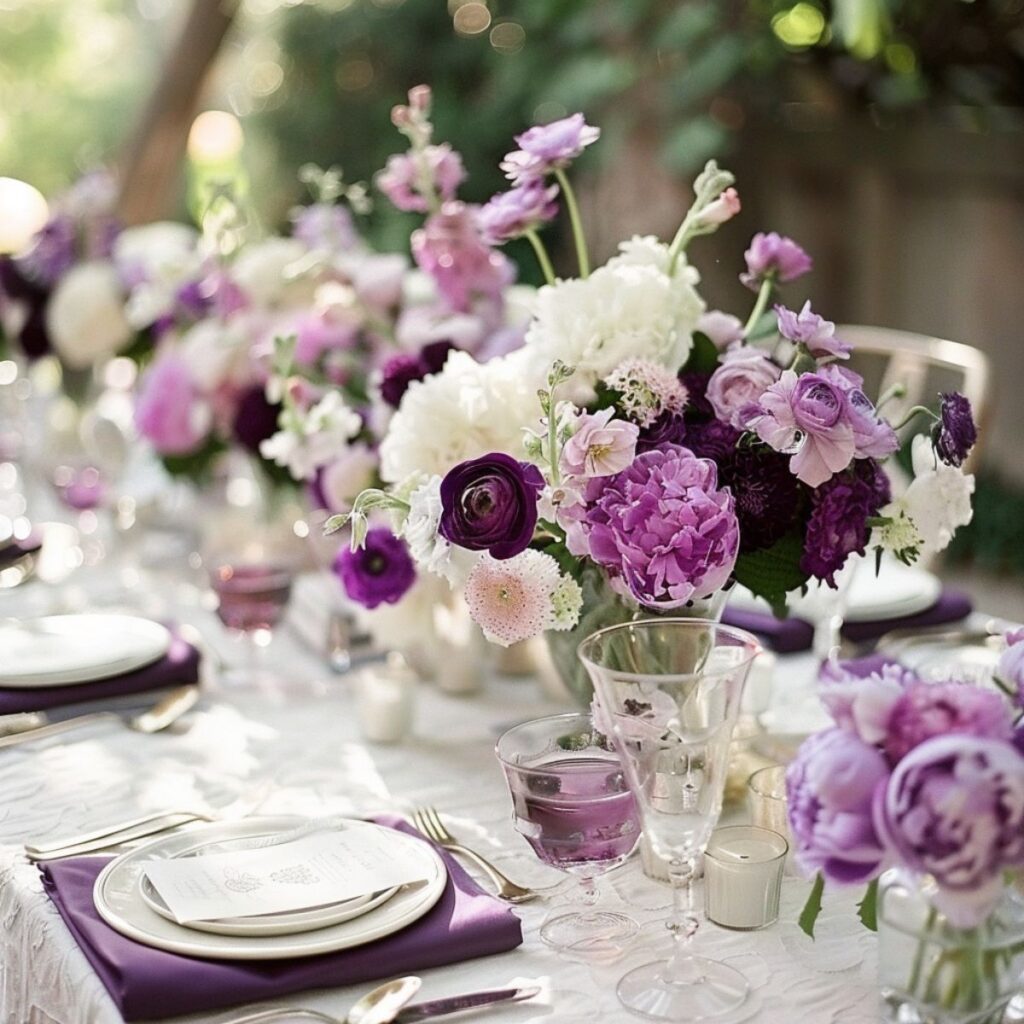 Wedding table set in white and purple.