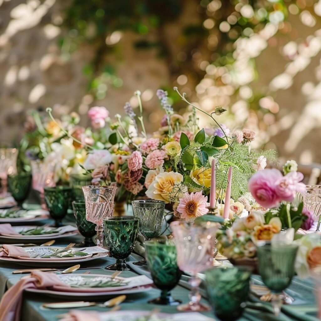 Wedding table set with wild flowers and green glasses. 