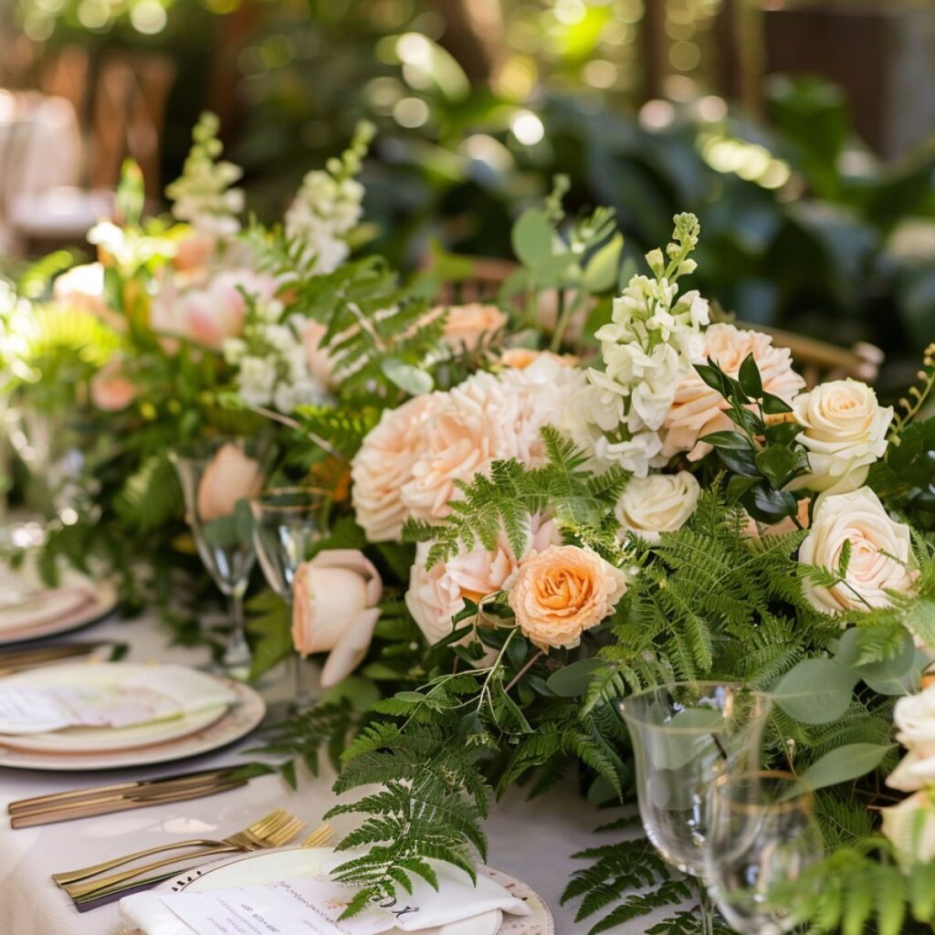 Table set with flowers and ferns.