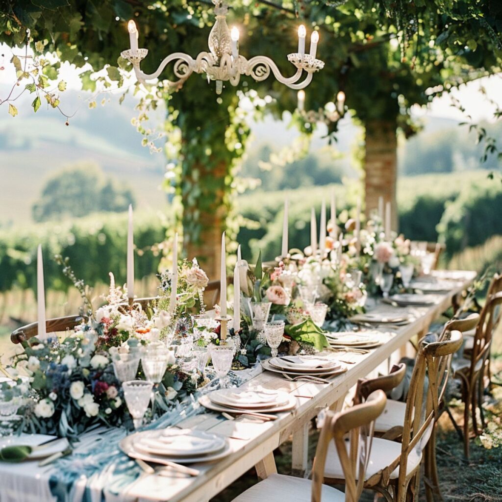 Wedding table set outside under a pergola with vines. 