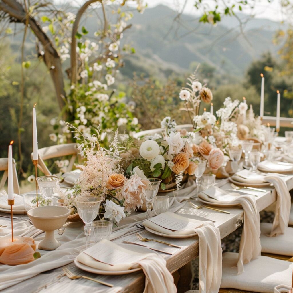 Outdoor table set with a neutral flowers, plates. Set for a wedding. 