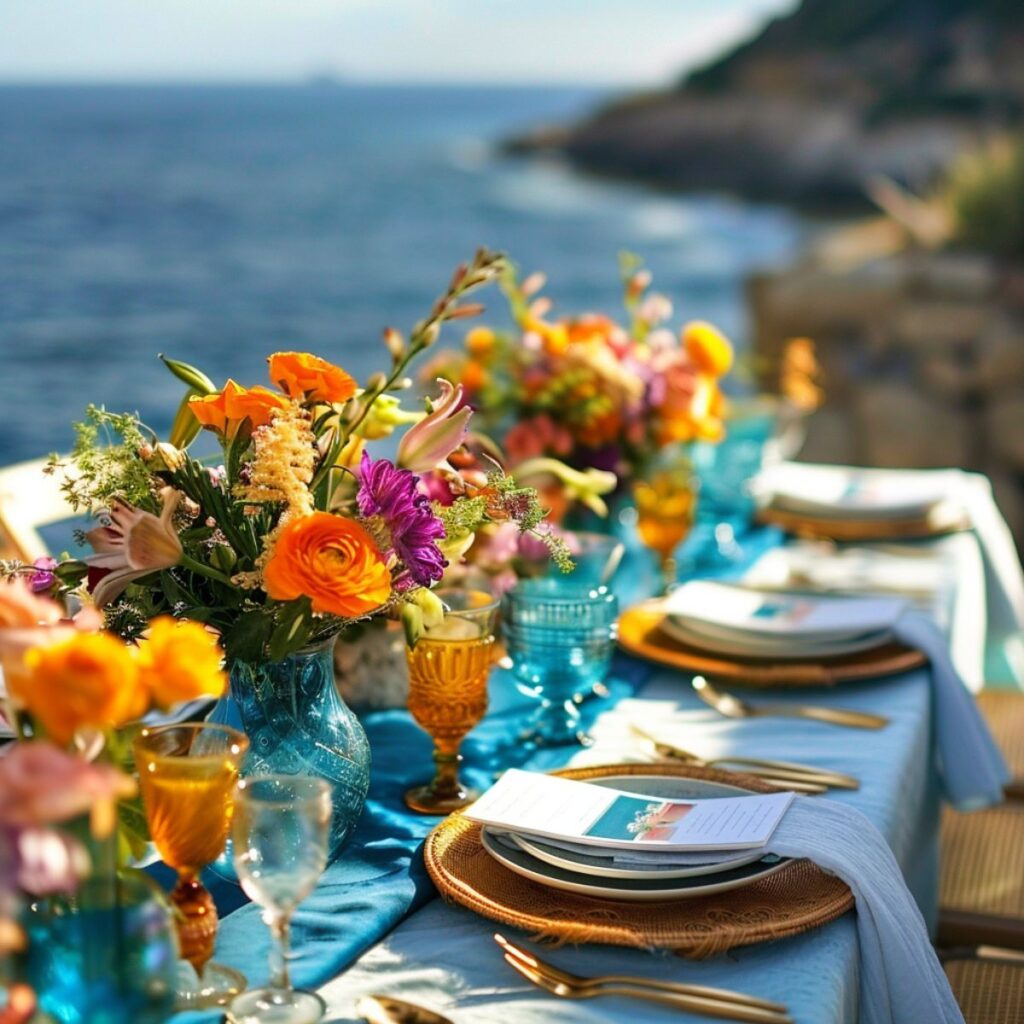 Wedding table set by the beach with bold color flowers. 