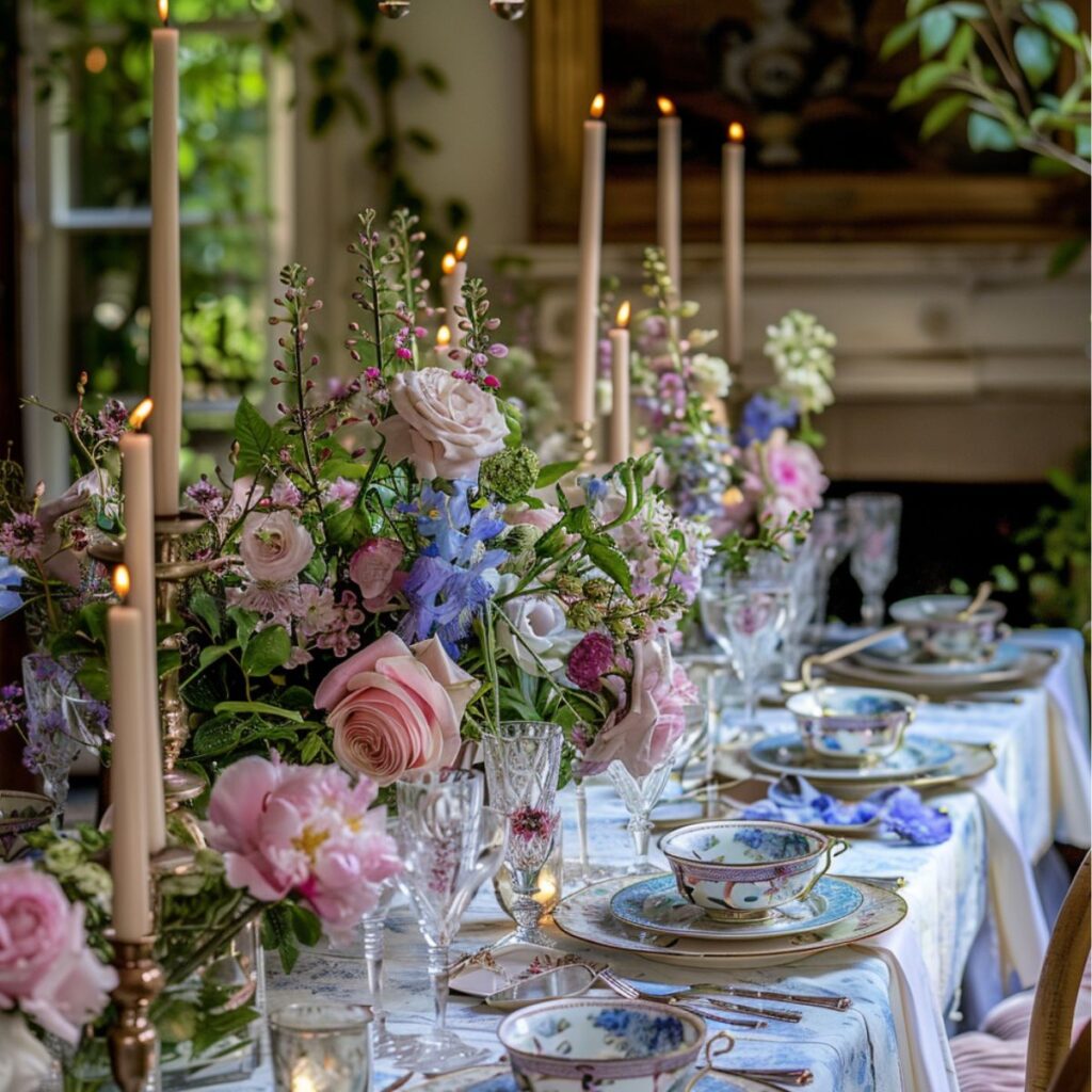 Table set with tablecloth, candles and beautiful flowers. 