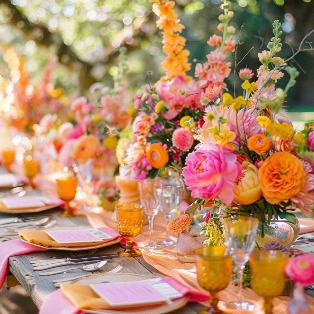 Table set with beautiful pink and orange flowers and plates. 