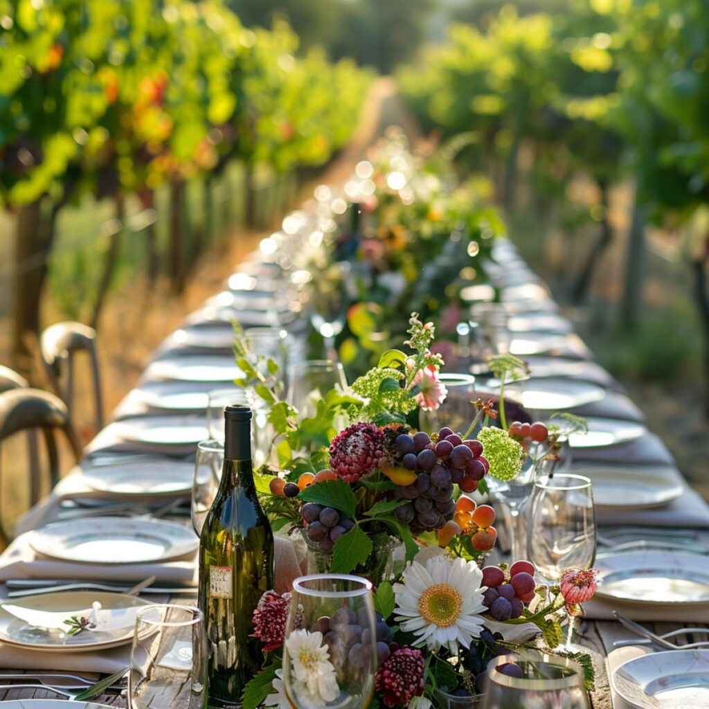 Table in a vineyard set with plates and flowers. 