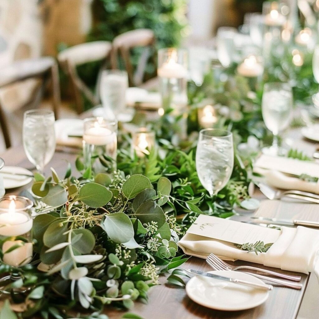 Table set with greenery, glasses, and plates. 