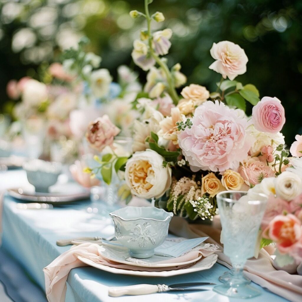 Table set for pastel flowers and plates. 