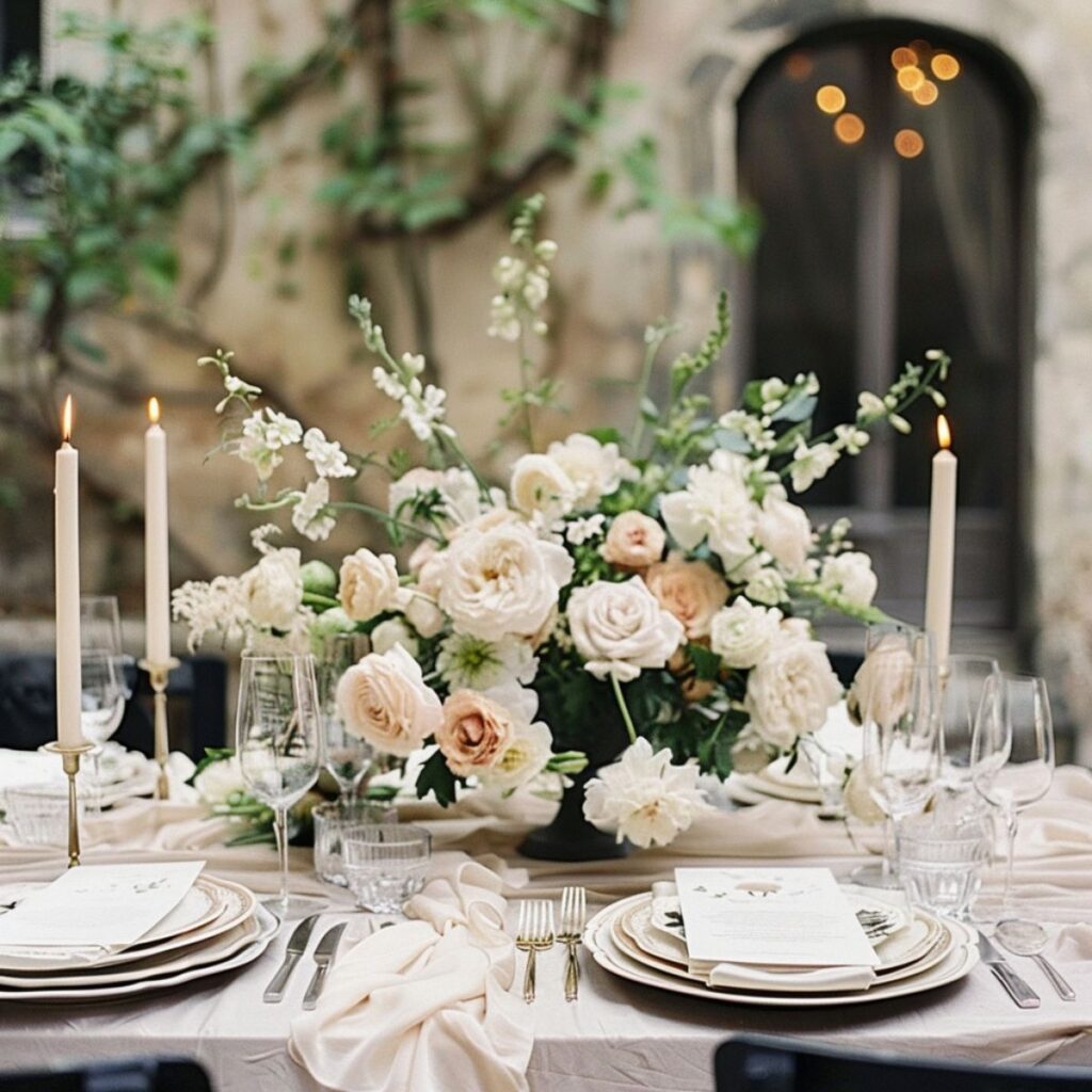 Rustic table set with neutral flowers and candles. 