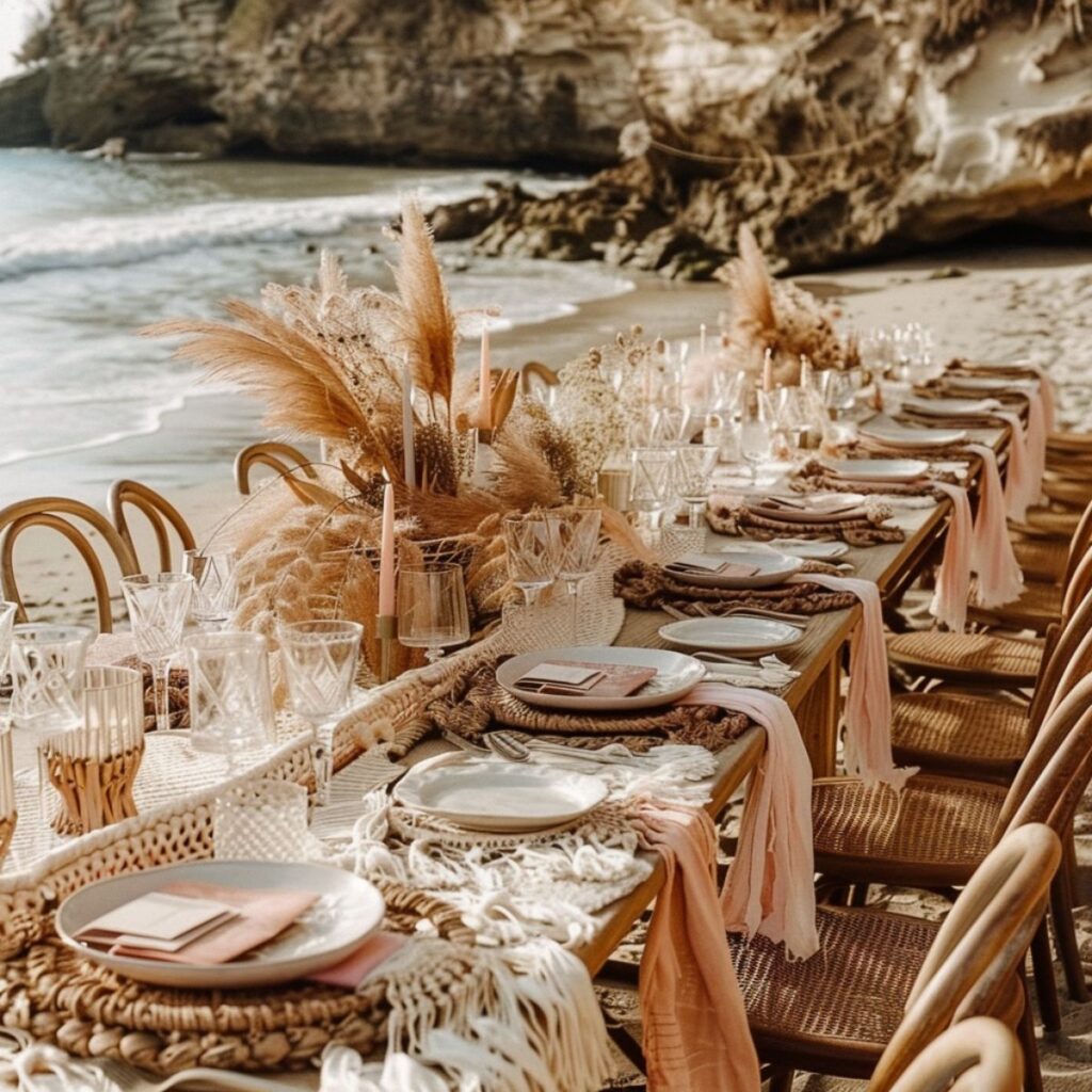 Boho set table on a beach. 