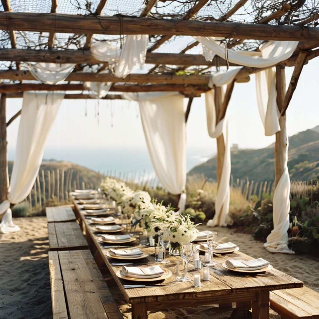 Table set for a wedding under a pergola. 