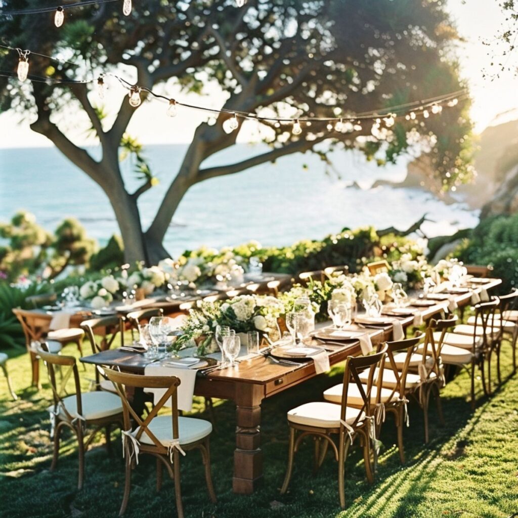 Table outside on a hillside set for a wedding.