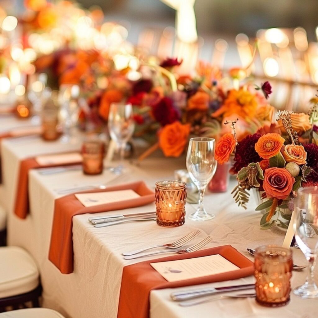 Orange and burgundy flowers on a wedding table. 
