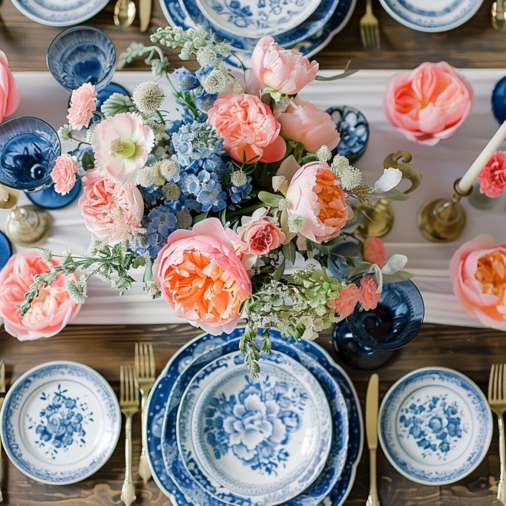 Table set with blue dishes and pink flowers. 