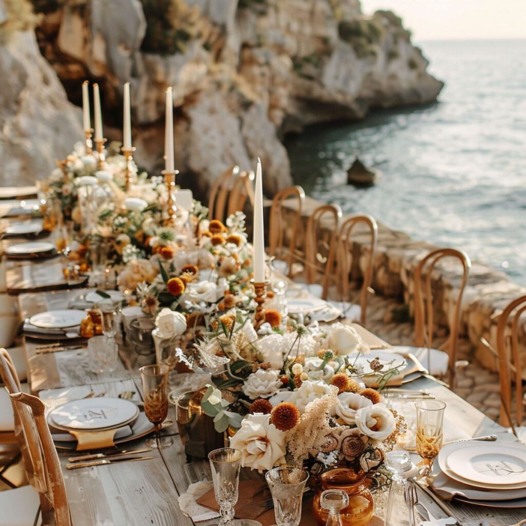 Wedding table set with candles, white flowers, by the ocean. 