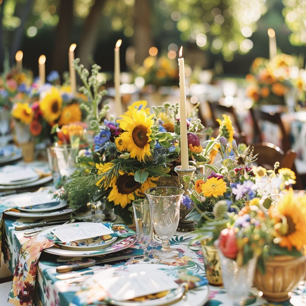 Table set with plates, sunflowers, and candles.