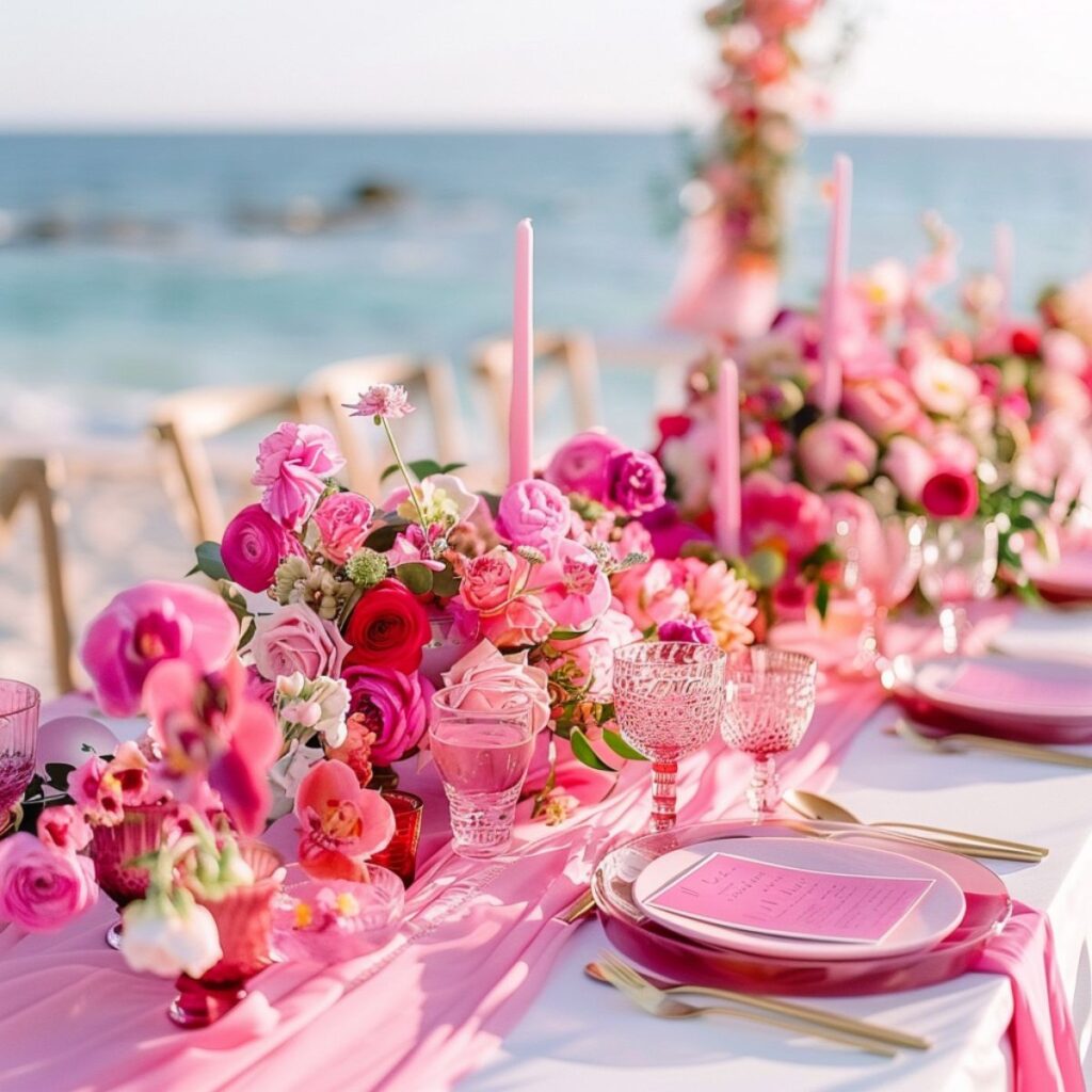 Beach wedding table set with pink flowers and plates. 