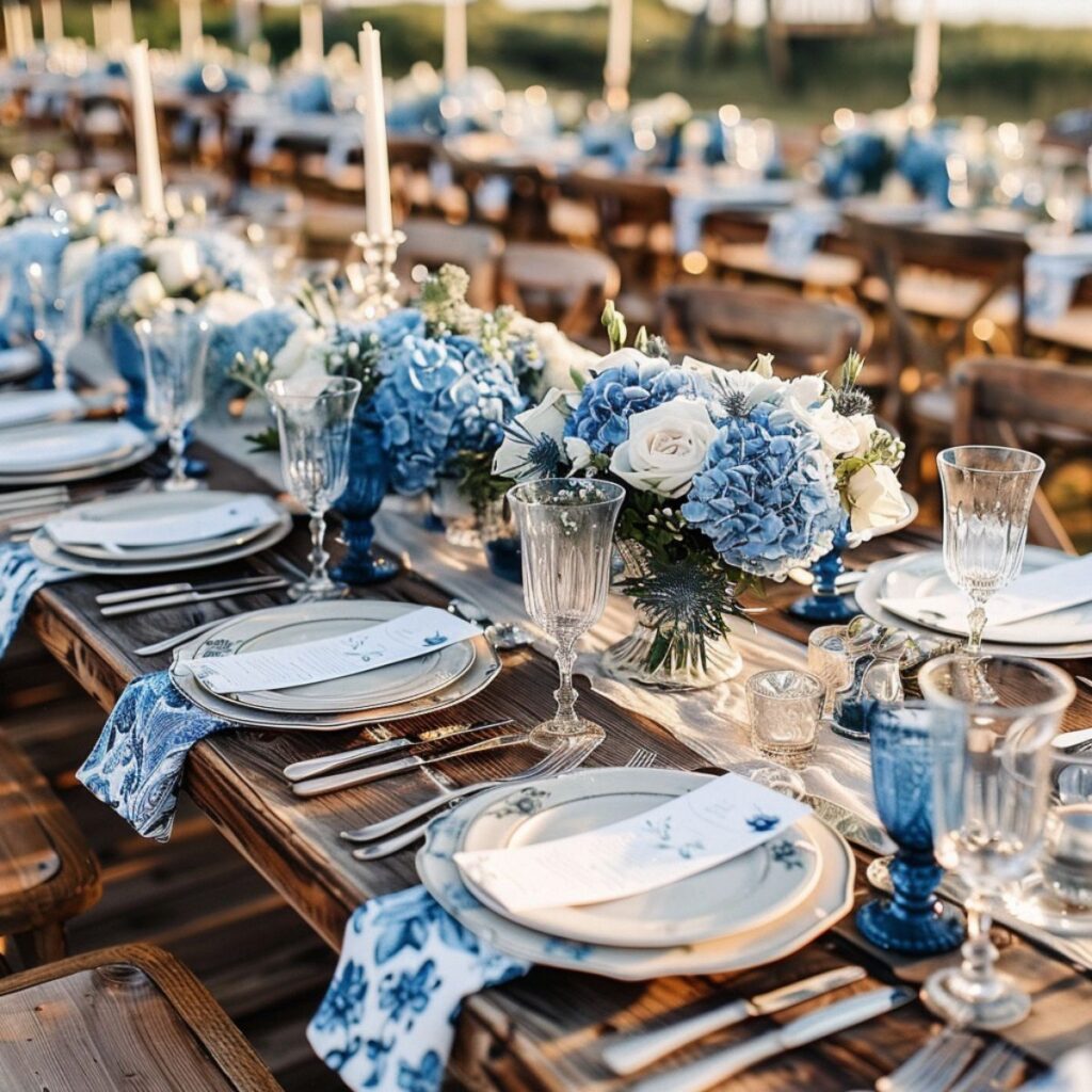 Wedding table set with blue and white decorations.