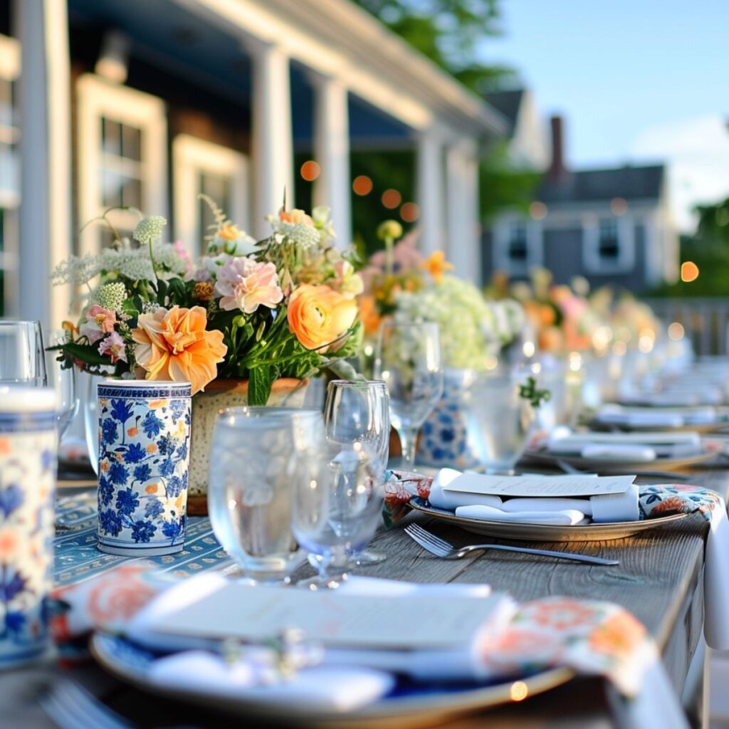 Outside table set with plates and colorful flowers. 