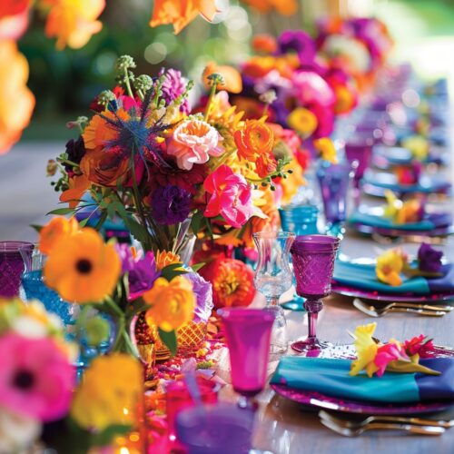 Wedding table set with vibrant color flowers and colorful plates.