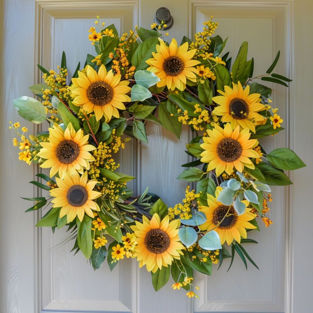 Sunflower wreath hanging on a door.
