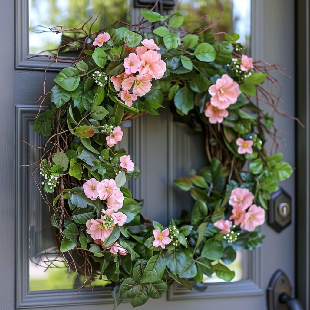 Wreath with pink flowers hanging on a door.