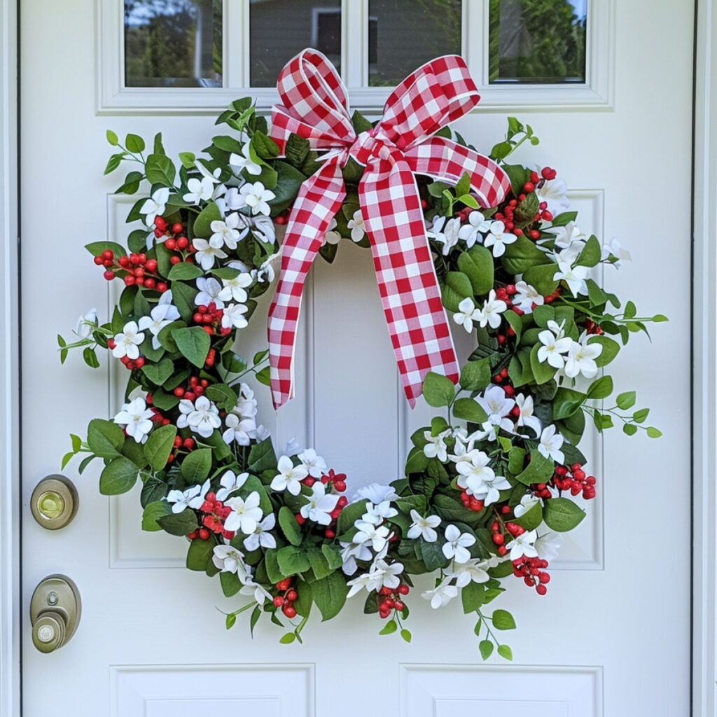 Wreath with red and white flowers and a red checked ribbon.