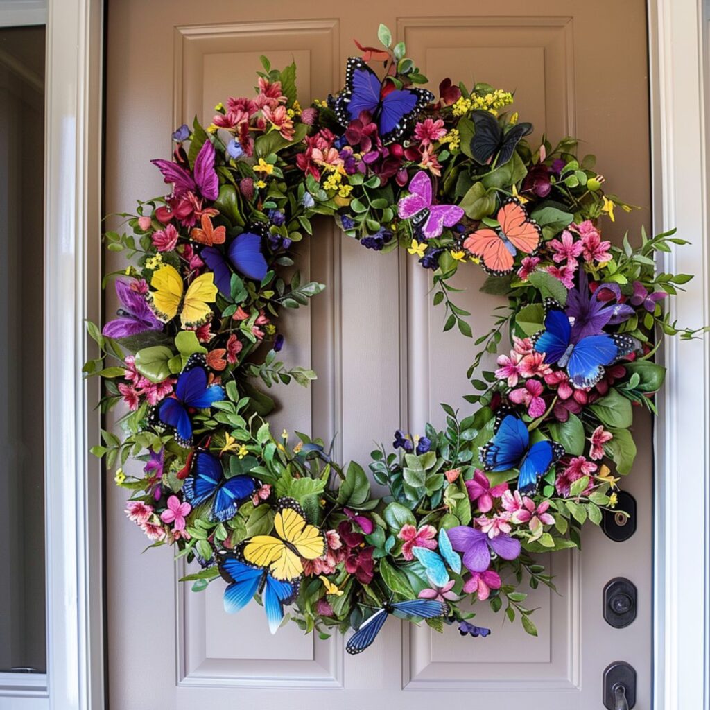 Wreath made with silk butterflies on a door.