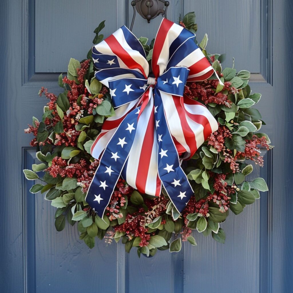 Patriotic theme wreath on a front door. 