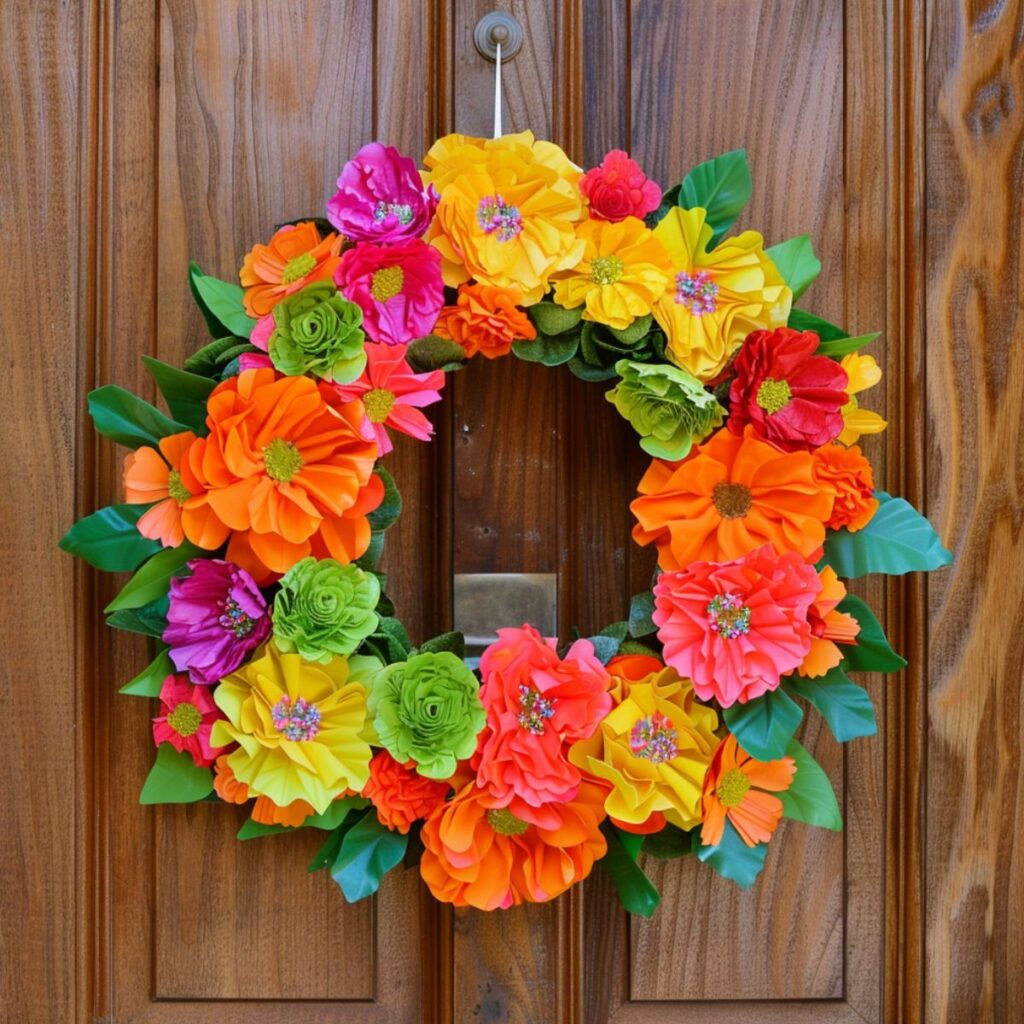 Colorful wreath on a door with colorful flowers. 