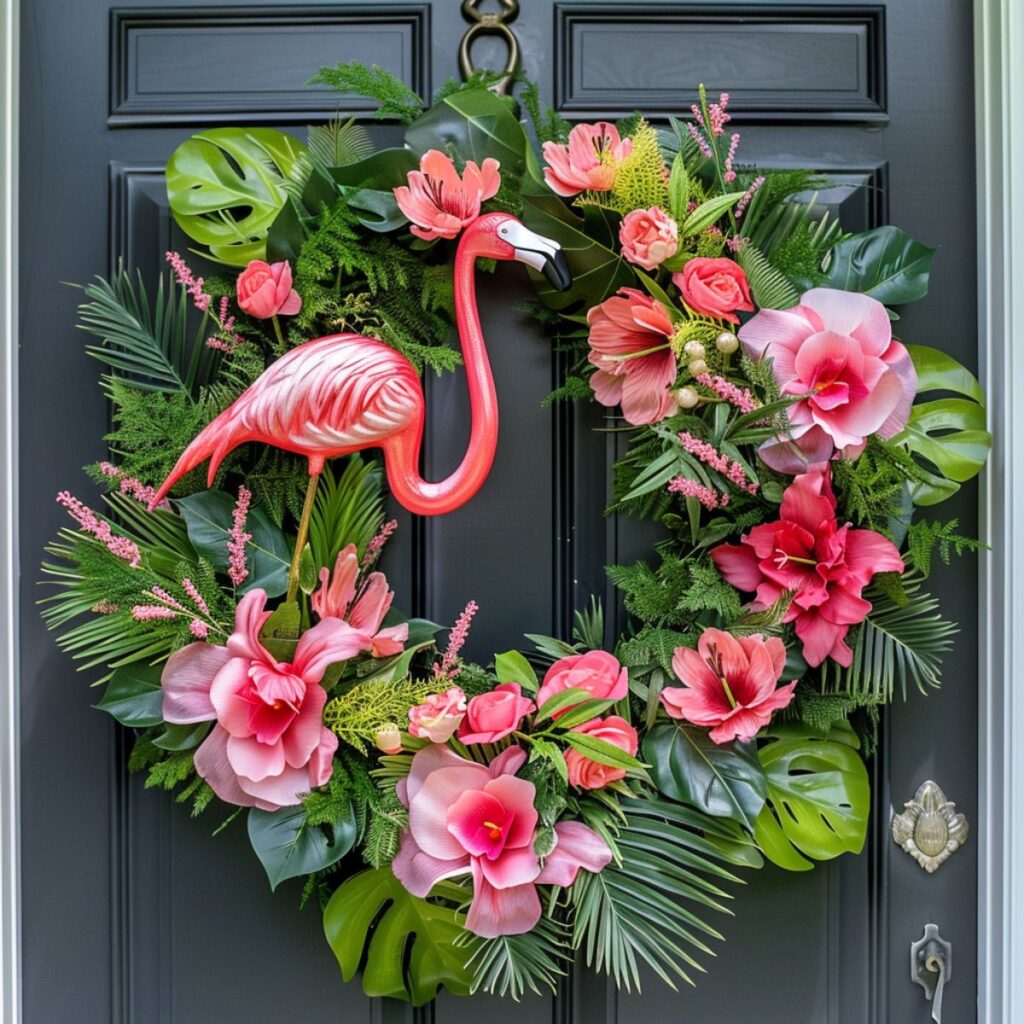 A wreath with pink flowers and a flamingo.
