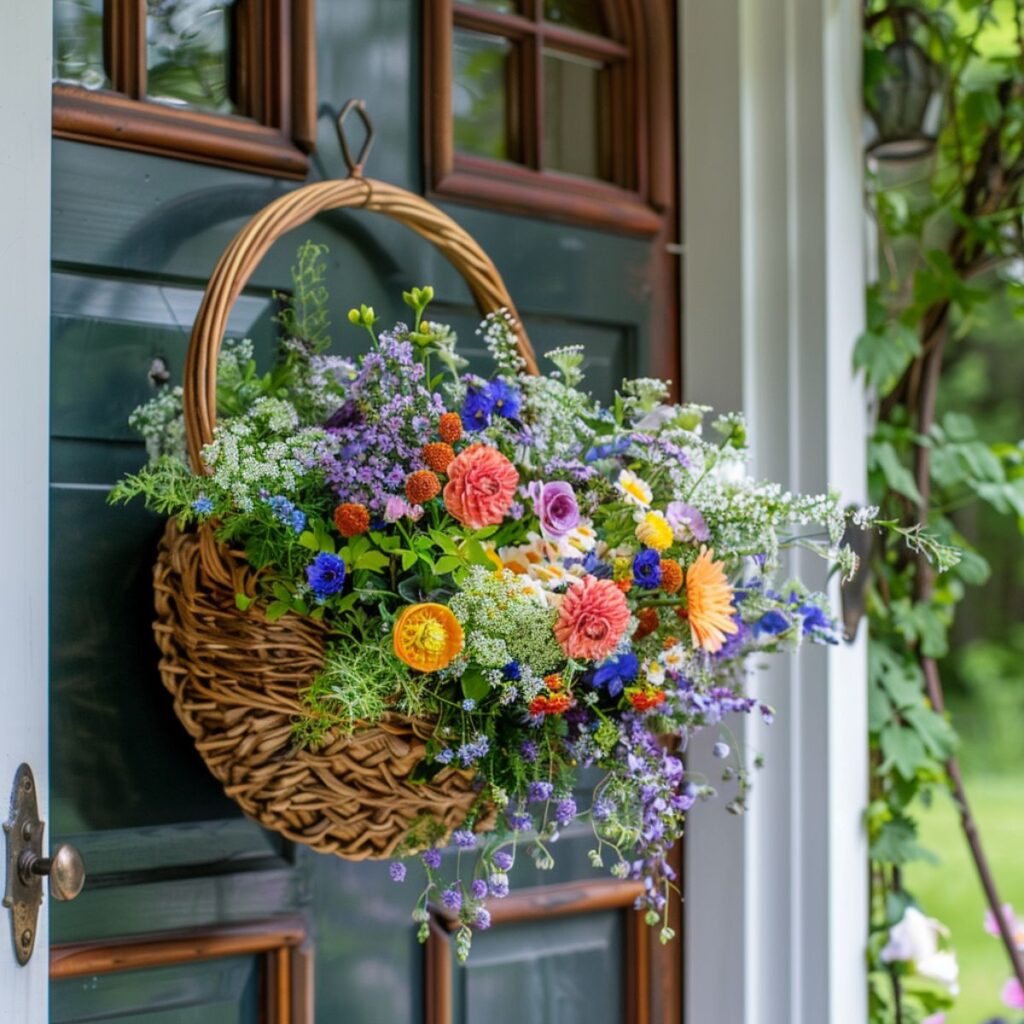 Basket wreath with flowers on a door.