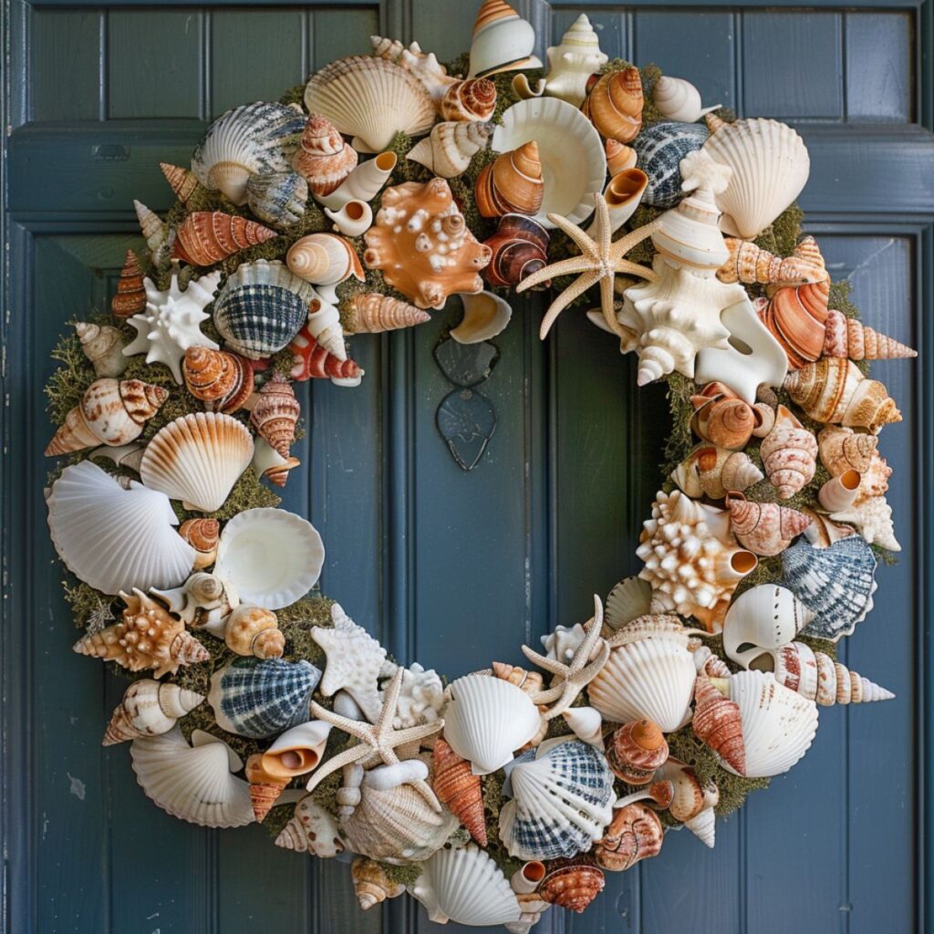 Sea shell wreath on a door.